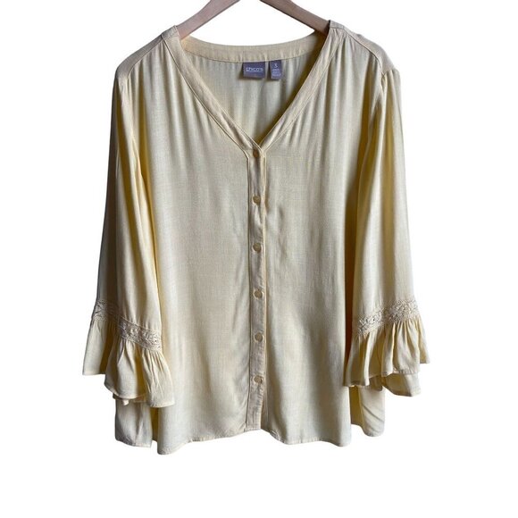 Chico's Button Up Flutter Ruffle Sleeve Peasant Top Light Butter Yellow Size 3 o - Picture 1 of 6